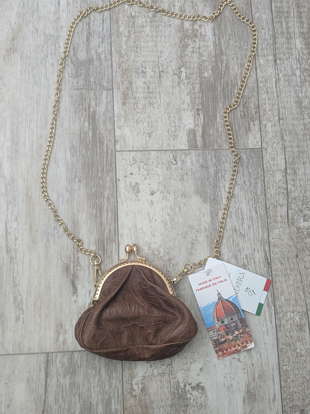 Isadora Made in Italy Brown Genuine Leather Crossbody Bag with Gold Chain